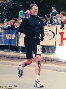 At the finish of the 2003 Toronto marathon: Chris is hurting in more ways than one.
